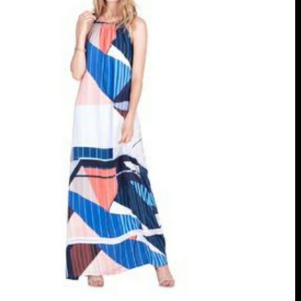 Ecru Silk Maxi Dress Multi Color Print With Shapes And Patterns Size Small